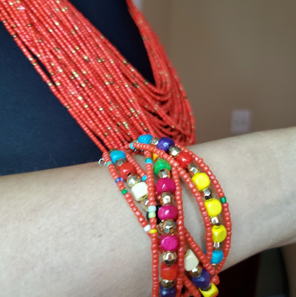 Multi Length Red Beaded Neckace And Bracelet - image 6